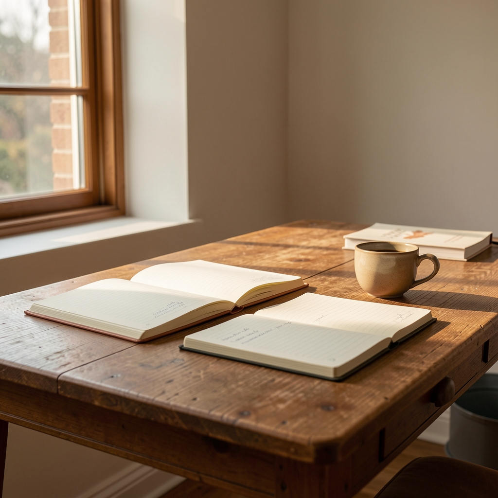 Quiet editorial workspace at Tarela Letters, wooden desk with open notebooks and a coffee cup, warm natural light from a side window