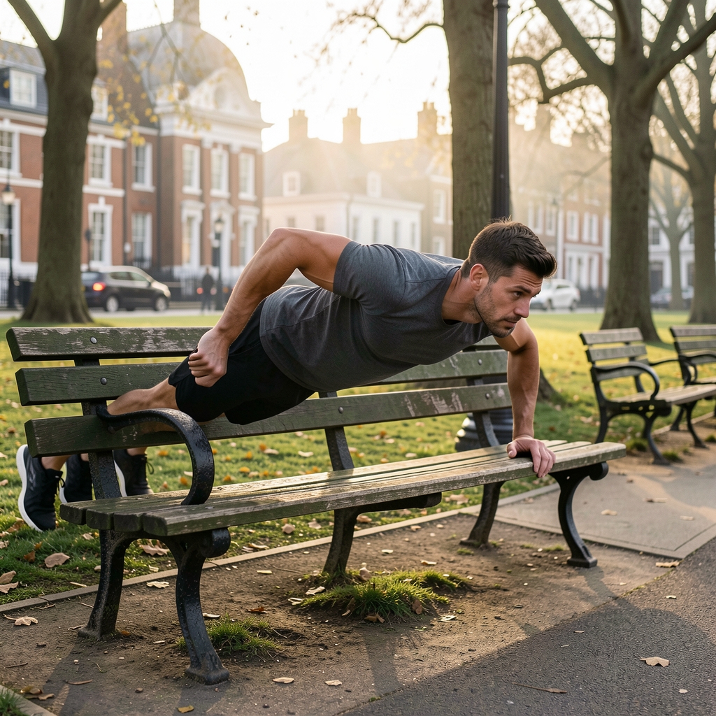 Man performing bodyweight push-up exercises on a park bench in a London park during morning training session