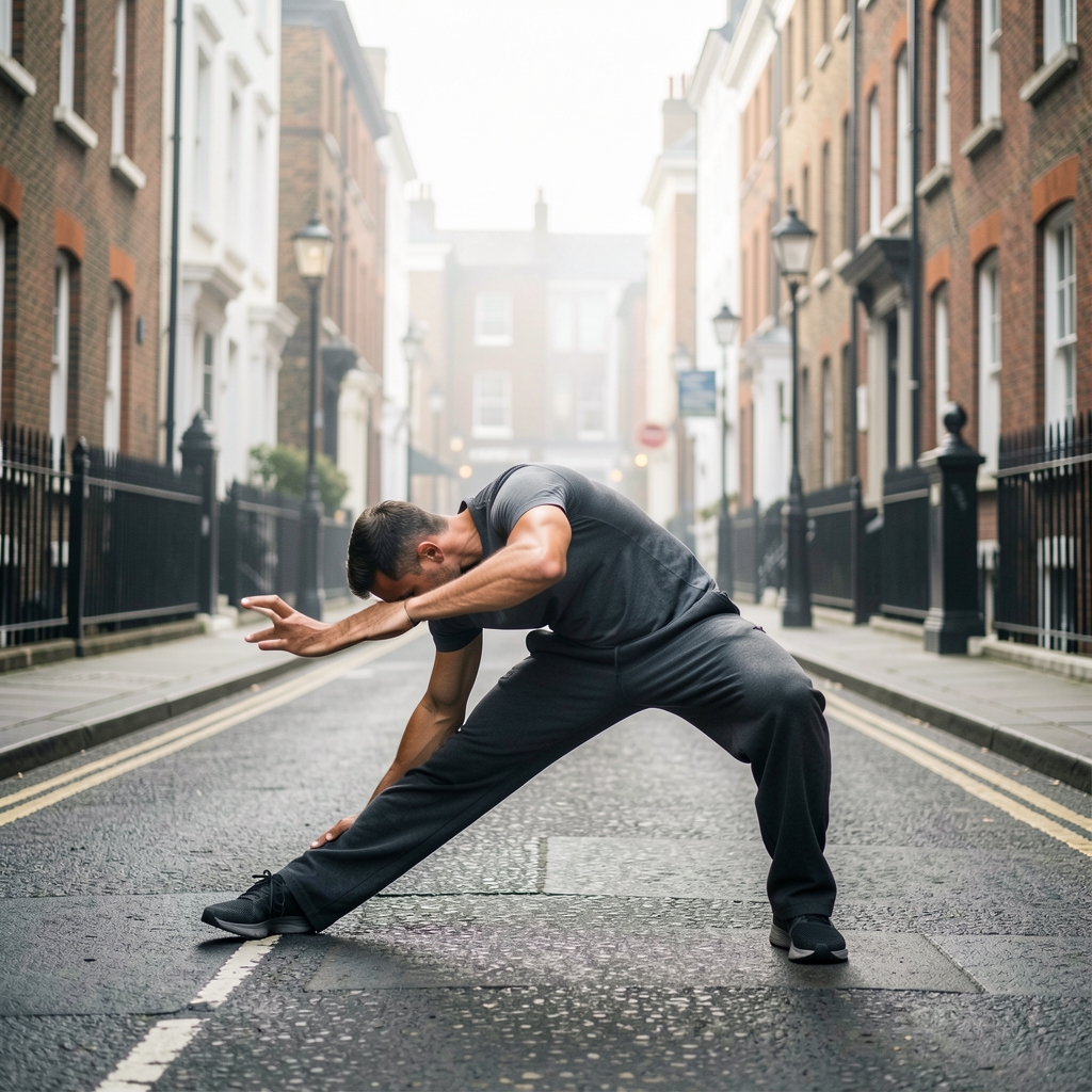 A man performing early morning mobility stretches on a quiet London street with diffuse morning light