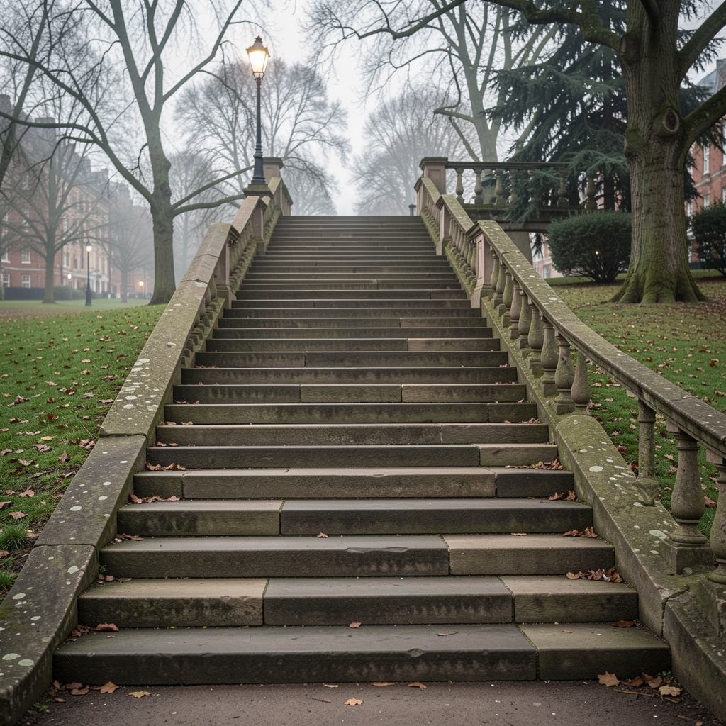 Outdoor stone staircase in a London park used for step interval training in grey morning light