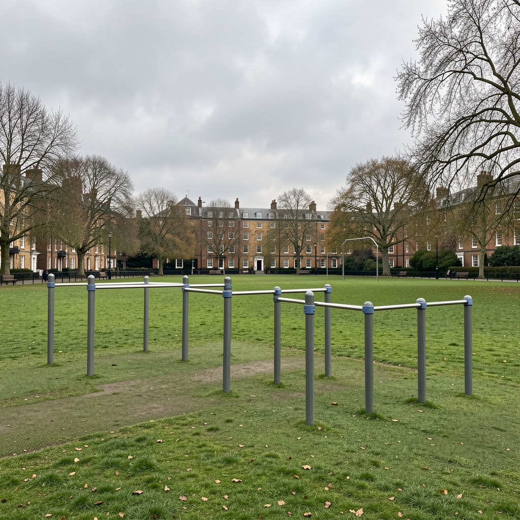 Outdoor park fitness area with parallel bars and open green space under overcast London sky