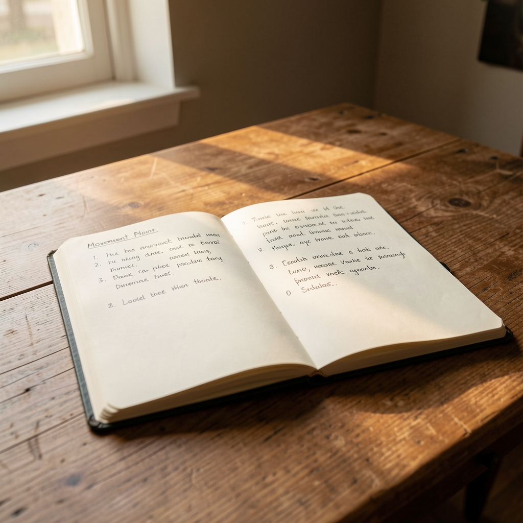 Open notebook on a wooden desk with handwritten movement notes, warm natural light from a side window