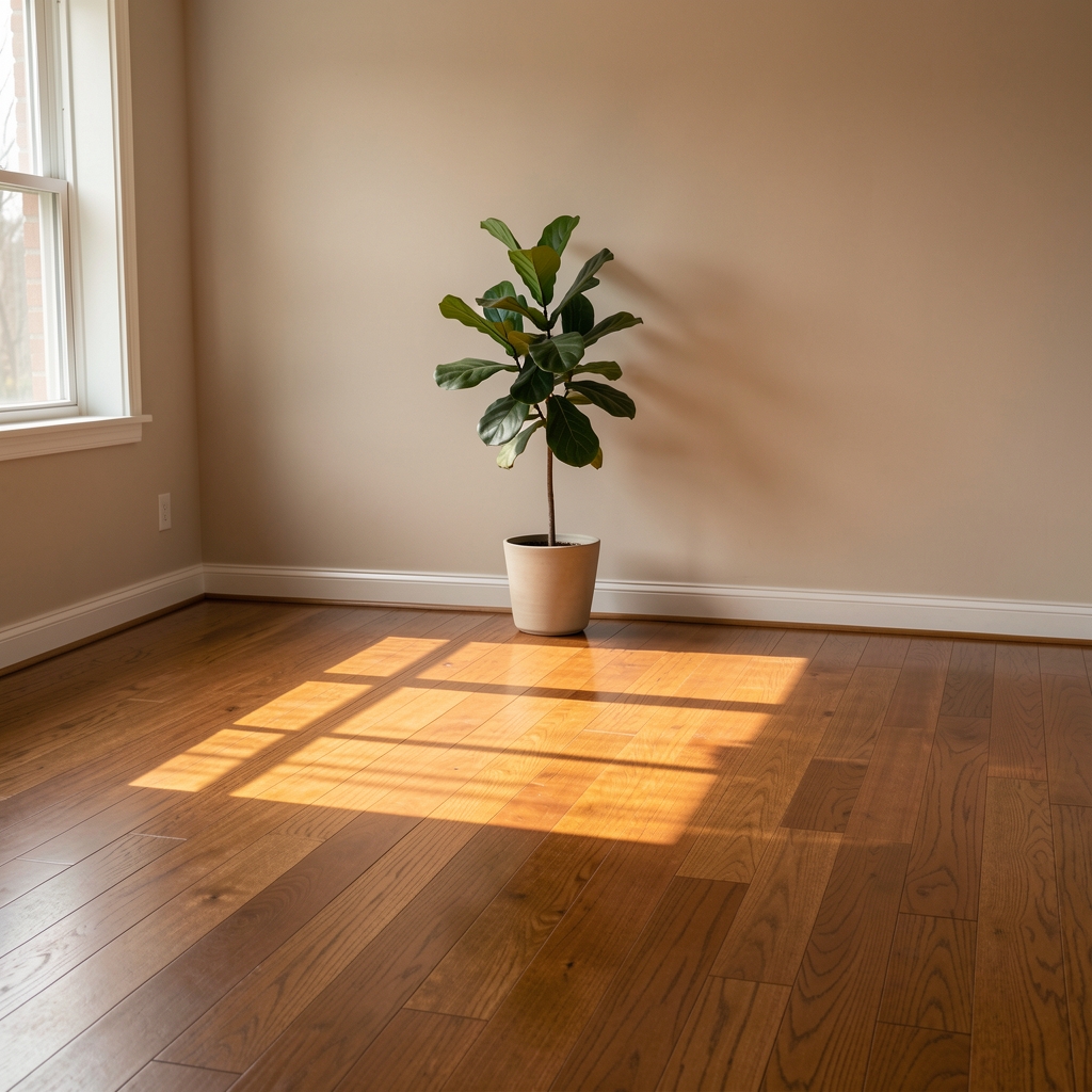 Quiet indoor training space with hardwood floors and a single plant, morning light casting long shadows