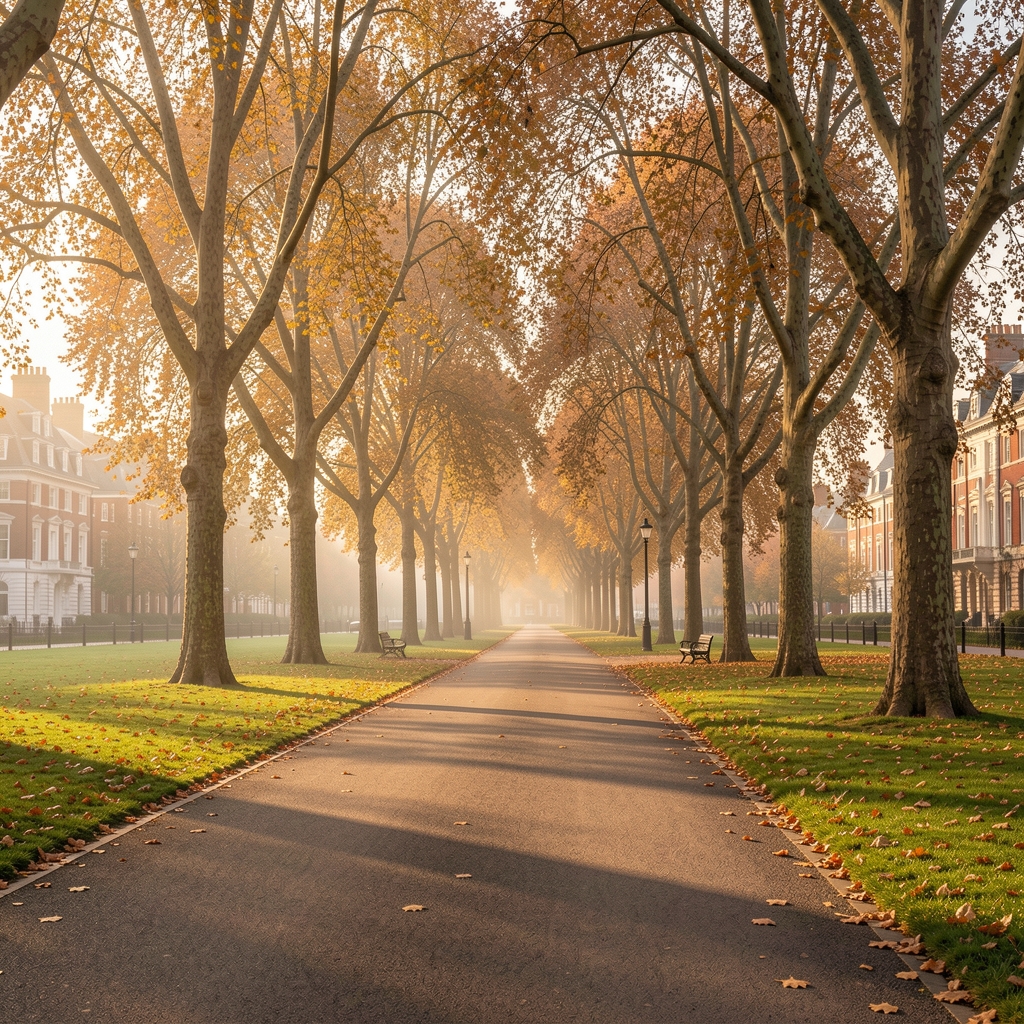 Outdoor park scene in London early morning, empty paths and a row of trees in autumn light