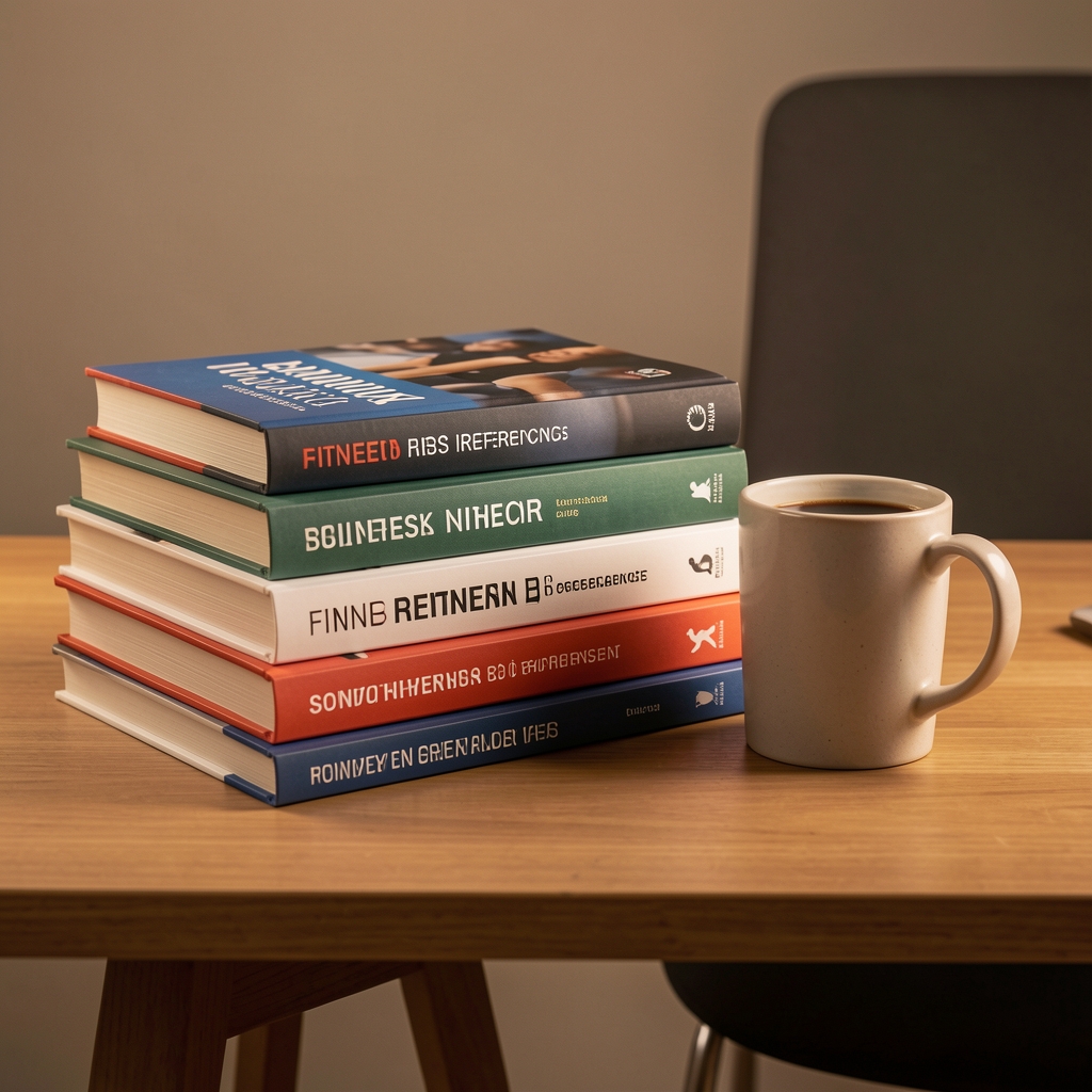 Stack of fitness reference books on a desk beside a coffee mug, controlled warm studio lighting
